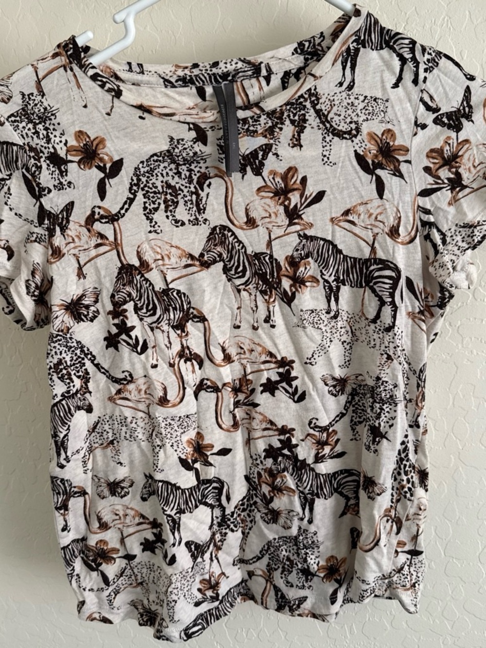 Anthropologie Cream Floral, zebra, jaguar, flamingo Printed Top